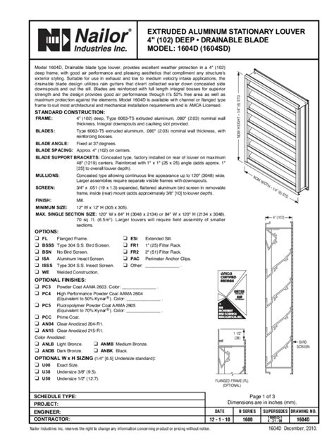 Fillable Online Submittal Model 1604D Extruded Aluminum Stationary