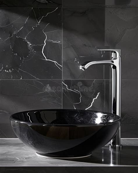 Minimalist Luxury Black Ceramic Sink And Chrome Faucet In Elegant Grey Tiled Bathroom Stock