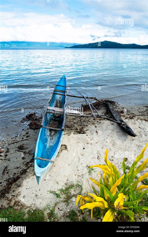 A traditional Polynesian outrigger on the island of Kioa in Fiji is still used as transportation ...