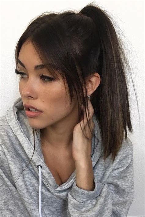 Madison Beer Straight Dark Brown Curved Bangs High Ponytail Ponytail