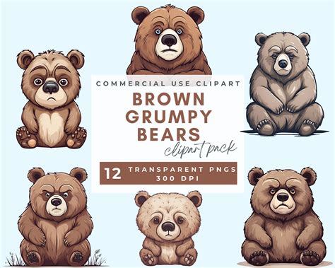 Grumpy Brown Bear Clipart Digital Line Art Grumpy Bear Printable Png
