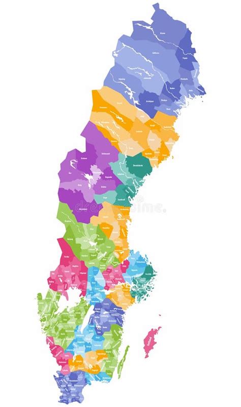 Vector Colorful Map Of Sweden Municipalities Colored By Counties Stock