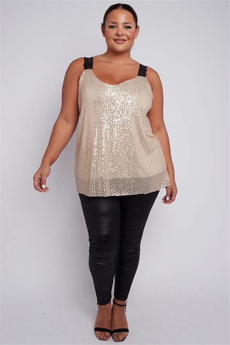 Plus Size Nude Sequin Embellished Strap Vest Praslin Clothing