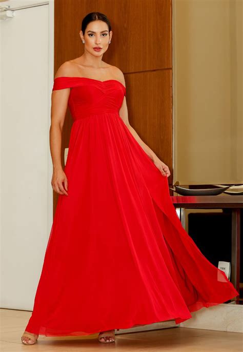 Vestido Longo de Festa Micro Tule Ombro à Ombro Pauliny Vermelho para