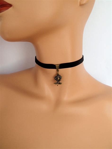 Black Velvet Choker Rose Choker Rose Necklace Stretch Etsy