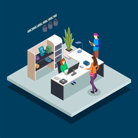 Library Reception Isometric Color Vector Illustration Librarian At