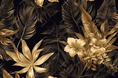 Premium AI Image | A black and gold floral wallpaper with leaves and ...