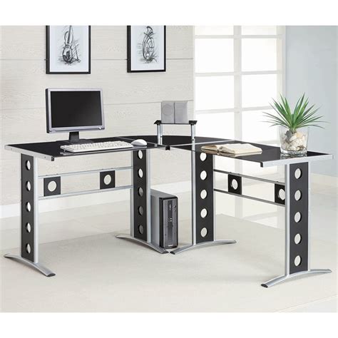 Coaster Keizer 3 Piece L Shape Glass Top Metal Office Desk Set Black And Silver Cymax Business