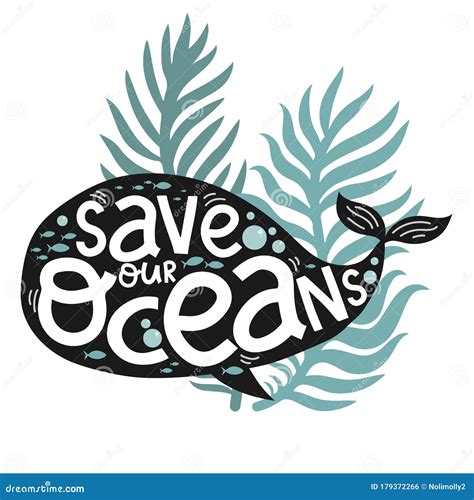 Save Our Oceans Creative Letterin And Cute Blue Whale Vector