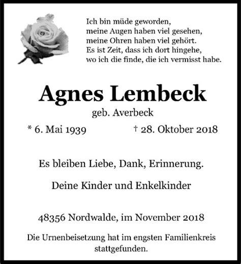 Traueranzeigen Von Agnes Lembeck Trauer Ms