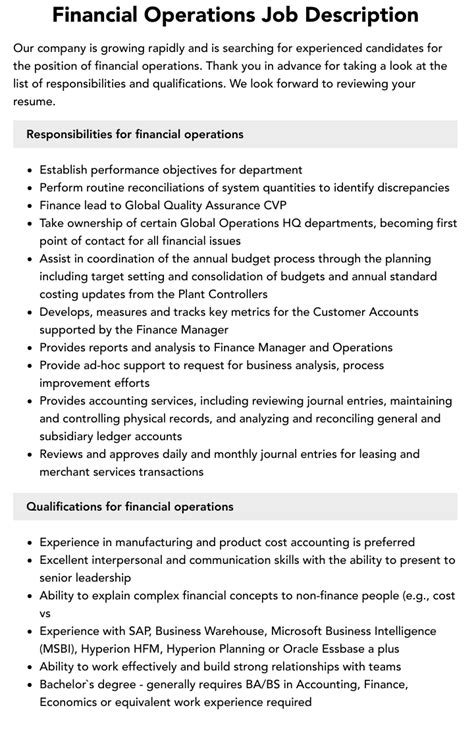 Financial Operations Job Description Velvet Jobs