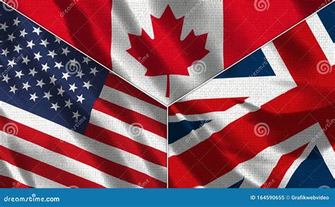 Canada And United Kingdom And Usa Realistic Three Flags Together Stock