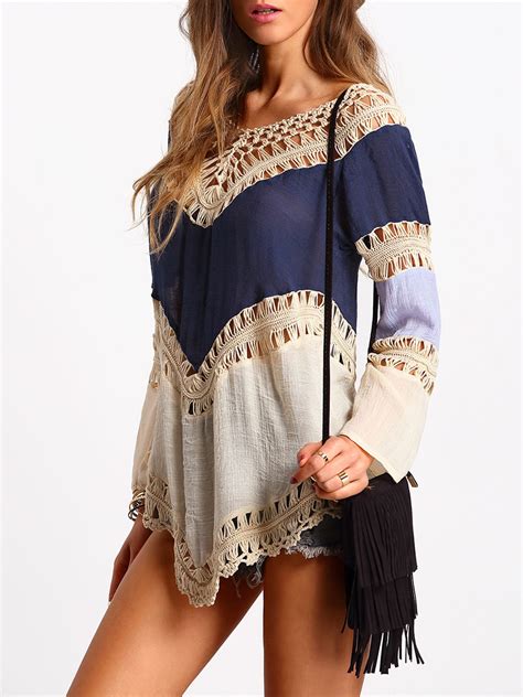 Color Block Hollow Out Crochet Panel Cover Up Shein Sheinside