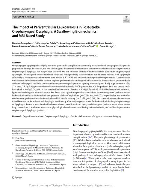 The Impact of Periventricular Leukoaraiosis in Post-stroke Oropharyngeal Dysphagia: A Swallowing ...