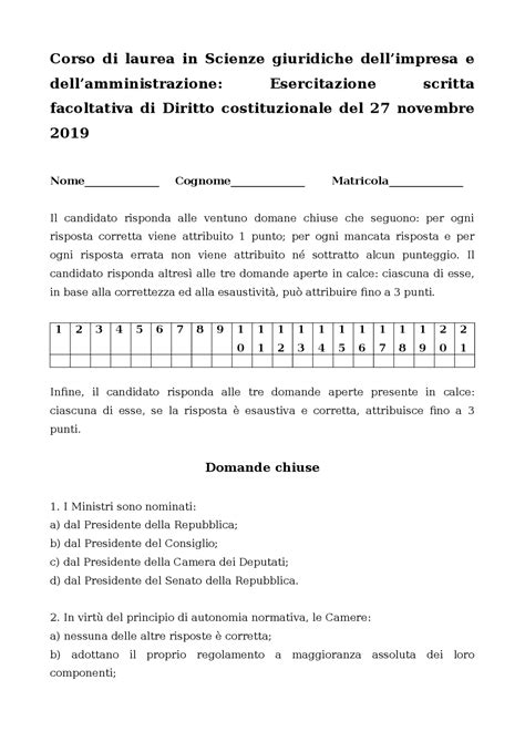 Simulazione Esame Diritto Costituzionale Docsity