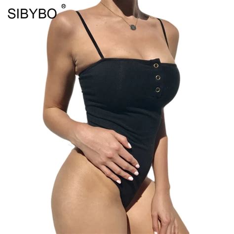 Buy Sibybo Spaghetti Strap Off Shoulder Skinny Bodysuit Women Slash Neck