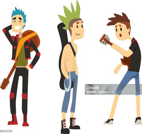 Punk Rock Musicians Characters Set Musical Band Members Playing Guitar