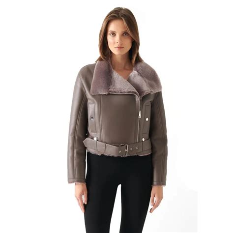 Women Gray Shearling Leather Jacket Superstarjackets