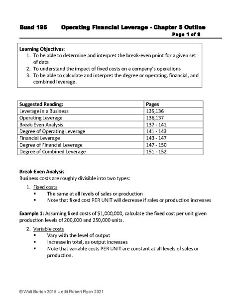 Buad 195 Operating Financial Leverage Chapter 5 Lesson Notes - Studocu