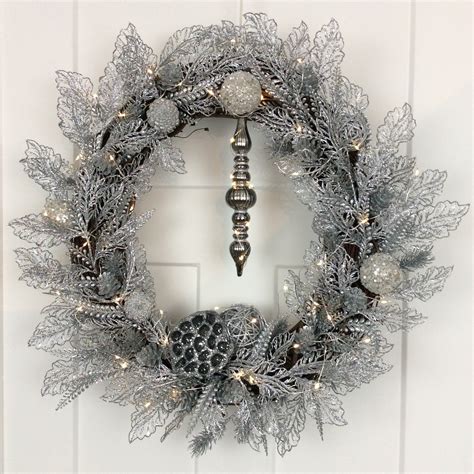 Silver Wreath 26 Inch Pre Lit Wreath Lighted Wreath Front Door Seasonal Door Hanging