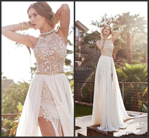 2014 Lace Chiffon Prom Dresses Halter Beaded Crystals Side Slit