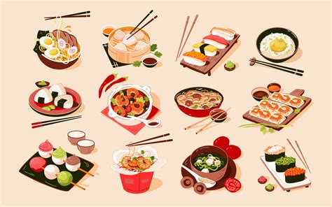 Asian food set. Asian cuisine with various dishes. Vector flat ...