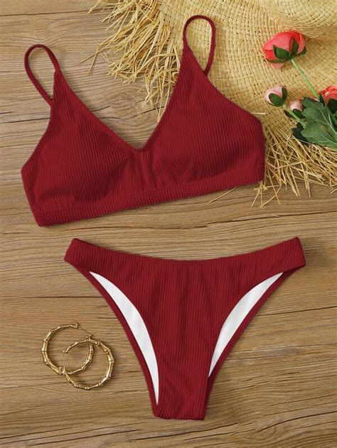 Conjunto De Bikini Acanalado Tirante Ajustable Top De Tirantes Y Bottom