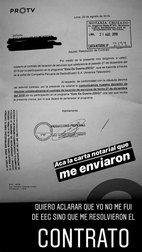 Macarena Vélez Publica Carta Notarial Que Pro Tv Le Mandó Al Echarla De “esto Es Guerra”│foto