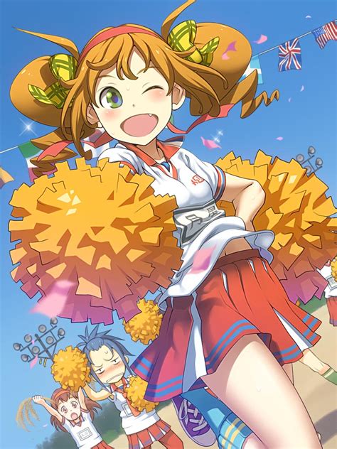 Safebooru D Arms Up Blue Hair Blush Brown Hair Cheerleader Dutch Angle Fang Flag Green Eyes