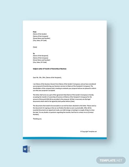 Ownership Transfer Letter Templates Sample Example Format