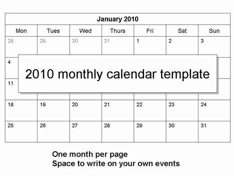 2010 Monthly Calendar Template