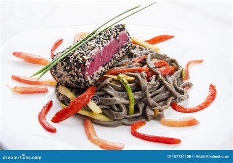 Buckwheat Soba Noodles With Roasted Sesame Seared Tuna On White