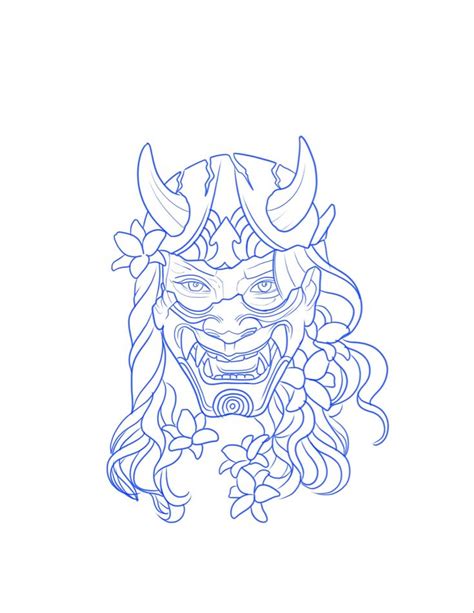 A Drawing Of A Demon Mask With Horns On Its Head And Long Hair