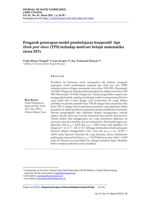 PDF Pengaruh Penerapan Model Pembelajaran Kooperatif Tipe Think Pair