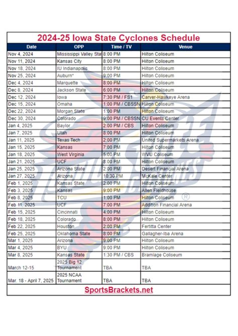 Printable 2024-25 Iowa State Cyclones Basketball Schedule; TV ...