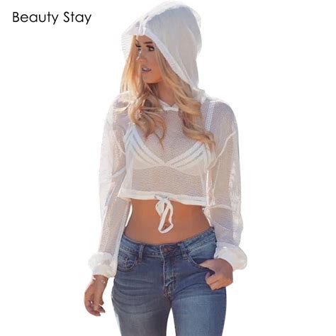 Beautystay Sexy Mesh Hollow Out Crop Top Women Hoody Hoodies