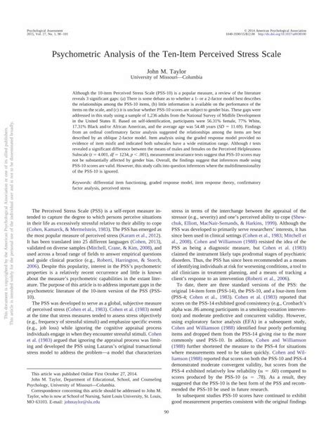 Pdf Psychometric Analysis Of The Ten Item Perceived Stress Scale