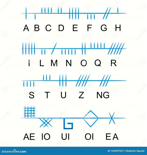 Set Of Old Sacred Celtic Ogham Alphabet Ancient Occult Symbols On White Vector Illustration