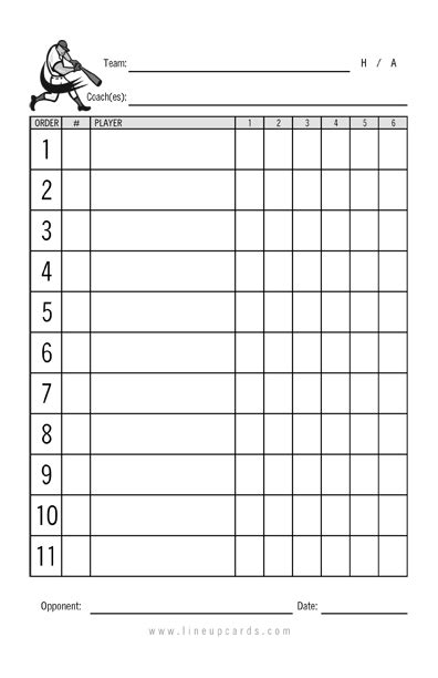 Custom Recreational Baseball League Lineup Cards | 4-Part Lineup Cards ...