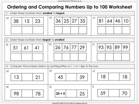 Comparing Numbers To 100 Worksheets