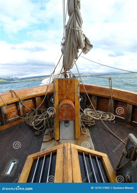 View Of The Bow Of An Old Sailing Ship Sailing In The Arctic Sea Stock