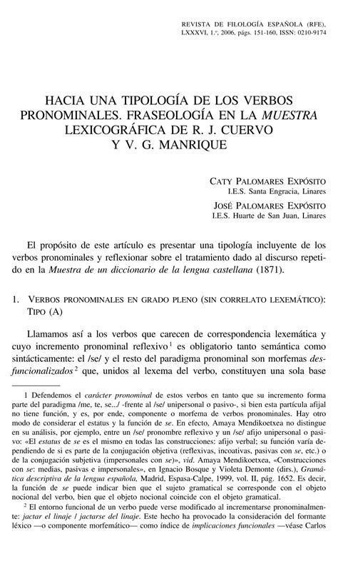 Pdf Hacia Una Tipolog A De Los Verbos Pronominales Fraseolog A En La