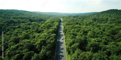 Aerial view road in the middle forest, Top view road going through ...