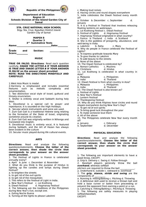 Mapeh 8 3rd Quarter 3rd Summative Test Auto Recovered Republic Of