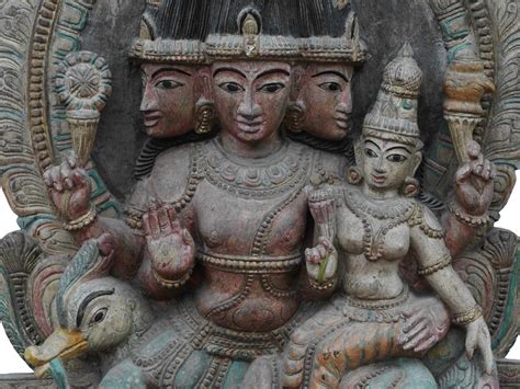 Large Wooden Idol Of Lord Brahma With Goddess Saraswati Seated On