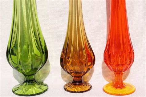 Mcm Vintage Art Glass Vases Tall Mod Vase Collection In Amber Orange Green Glass