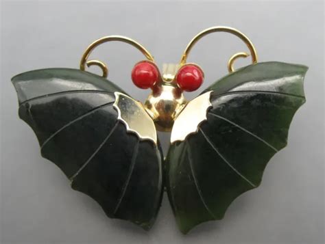 Vintage Carved Green Nephrite Jade Butterfly Moth Gold Tone Pin Brooch