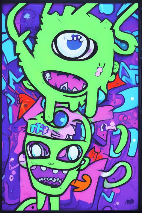 Cute Monsters Graffiti Doodle Art Kawaii Style Neon Light Night