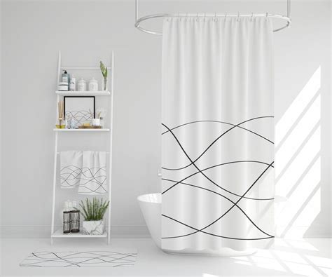 Minimalist Wavy Lines Shower Curtain Black And White Hand Drawn Line