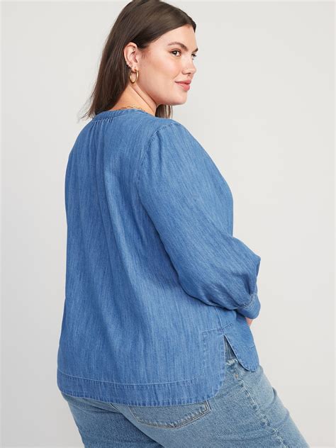 Split Neck Puff Sleeve Jean Blouse Old Navy